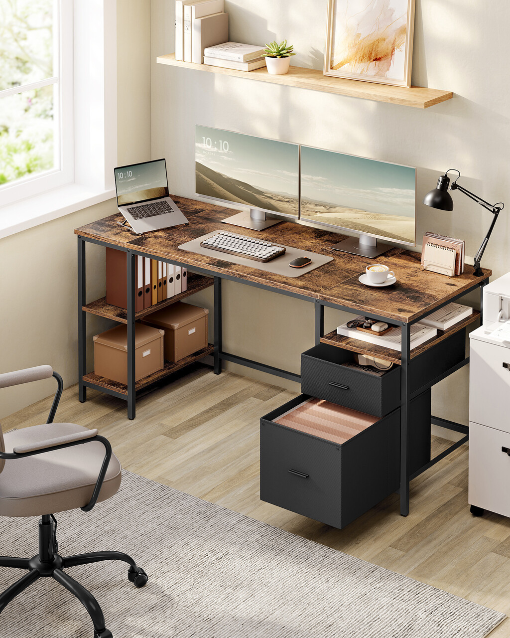 Birou, Vasagle Office, 160x60x76 cm, PAL/otel, maro rustic - imagine 7